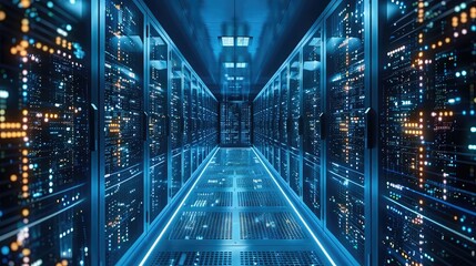 High-performance computing, Data center analysis, Big data analysis, Cloud computing infrastructure, Data flow management, color in blue and white tones. Generative AI.