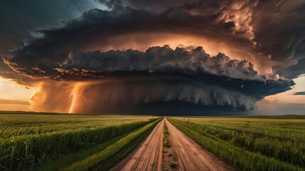 Obraz premium Dramatic supercell thunderstorm with sunset, dirt road, and fields