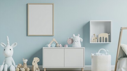 Cozy Light Blue Nursery Interior with Wooden Cabinet and Plush Toys for Family and Parenting Concepts Generative AI
