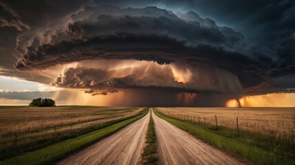 Dramatic supercell thunderstorm with sunset, dirt road, and fields