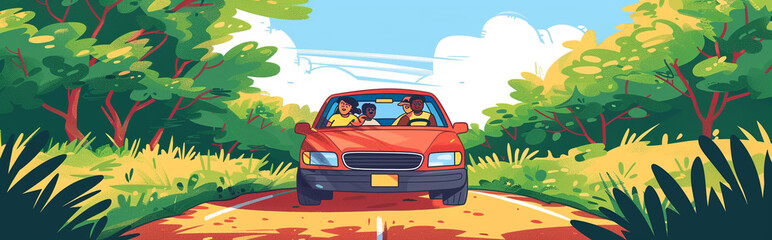 Fototapeta premium Family Vacation in Red Car Driving Through Lush Green Forest on a Sunny Day Cartoon Style
