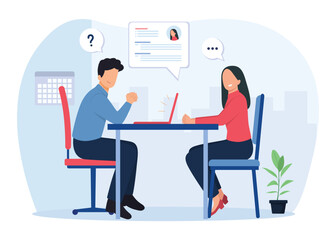 Job interview concept illustration. Modern flat vector illustration of a man talking to a woman with a laptop. Vector illustration.