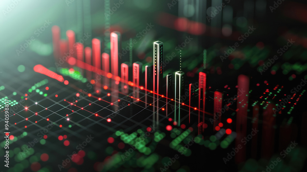 Poster 3D forex trading chart, emphasizing clean design and symmetry. Display a simplified candlestick chart on a flat surface with key support and resistance levels marked subtly. Generative AI.