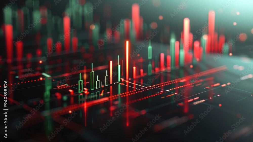 Poster 3D forex trading chart, emphasizing clean design and symmetry. Display a simplified candlestick chart on a flat surface with key support and resistance levels marked subtly. Generative AI.