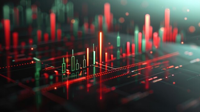 3D forex trading chart, emphasizing clean design and symmetry. Display a simplified candlestick chart on a flat surface with key support and resistance levels marked subtly. Generative AI.