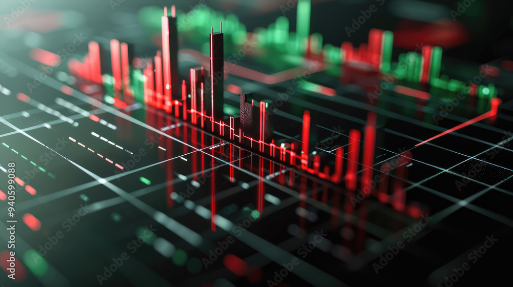 Poster 3D forex trading chart, emphasizing clean design and symmetry. Display a simplified candlestick chart on a flat surface with key support and resistance levels marked subtly. Generative AI.