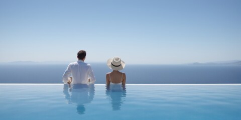 Fototapeta premium Man and woman in white shirts and straw hats sitting on pool edg