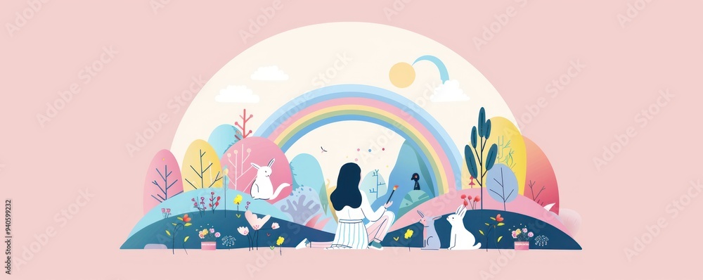 Wall mural Woman Painting a Rainbow Landscape.