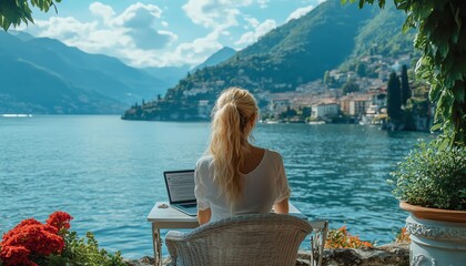 Positive and flexible workplace culture for a female digital nomad freelancer working remotely by Lake Como