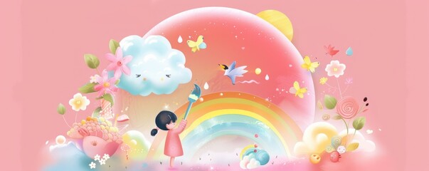 Little girl painting rainbow with a brush in a dreamy world.