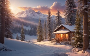 Snowy Mountain Landscape with Sun Peeking Through Trees and Wood