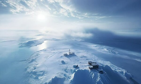 A lonely outpost sits on a vast, frozen landscape under a clear, icy blue sky