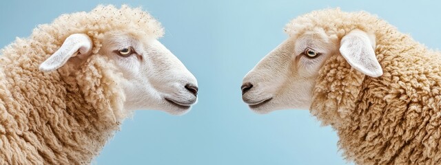 Obraz premium Two sheep standing beside each other against a light blue backdrop, accompanied by a blue sky in the distance