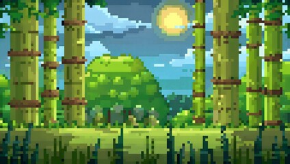 Bamboo forest pixel art background. 8-bit game assets