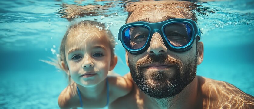 Underwater swimming action shot of father and daughter in a pool on summer vacation, goggleclad, happy family learning to swim, featuring a blue Fathers Day banner