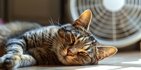 Naklejka na ściany i meble Feline resting in front of a pale air cooler.