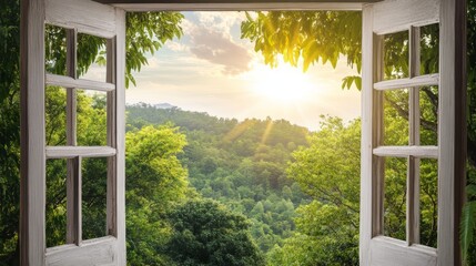 Serene Nature Landscape View Through a Window with Green Trees Generative AI