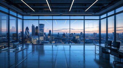 a tranquil cityscape reflected in the glass windows of a modern workspace.