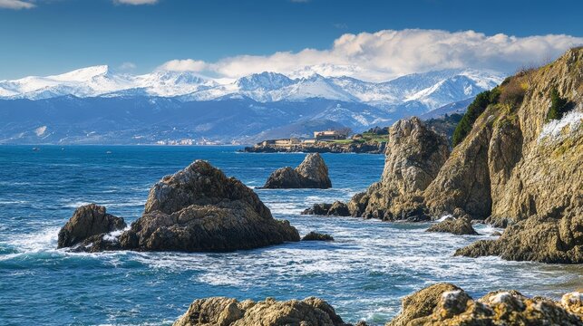 Spain's rocky Atlantic coastline with snowy peaks