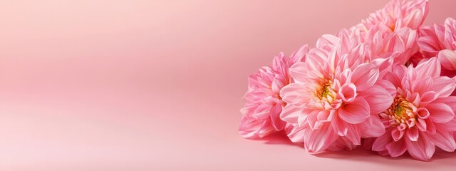 Fototapeta premium A group of pink flowers atop a pink background; one flower centered in frame