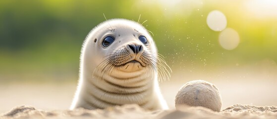 Obraz premium A tight shot of a baby seal on the sand, holding a ball in sharp focus, while the background softly blurs