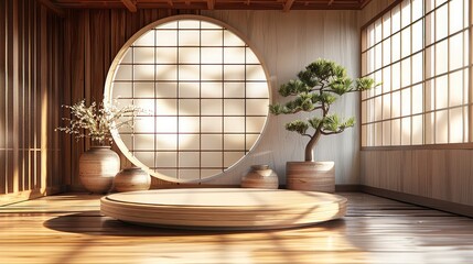 A light wooden podium with an oval-shaped window in the background, featuring Japanese-style grid elements. The setting is bathed in soft daylight. Generative AI.