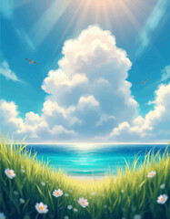 Obraz premium Serene Ocean View with Clouds and Birds