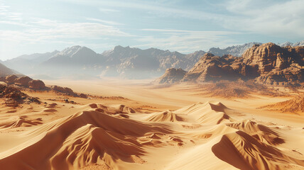 Fototapeta premium a desert landscape with wind-sculpted sand dunes and a distant mountain range