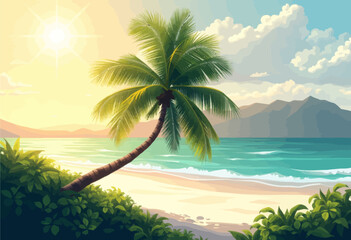 Fototapeta premium Serene Tropical Beach Scene with Palm Tree and Ocean View