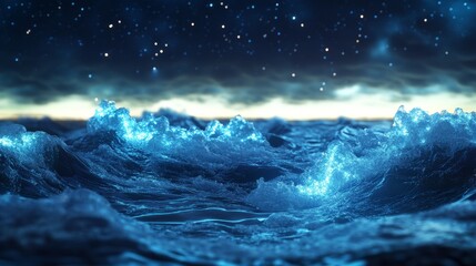 Fantasy Seascape with Beautiful Waves and Neon Foam at Night Generative AI