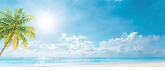 Obraz premium A palms tree atop a sandy beach, beneath a blue sky with the sun filtering through clouds