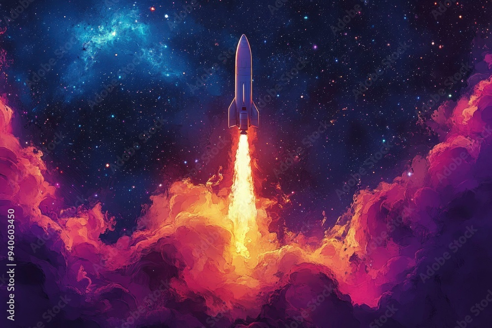 Poster spaceship ascending through colorful clouds and stars
