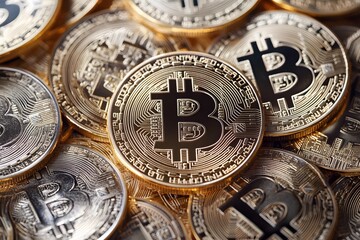 Bitcoin-M&uuml;nzen &ndash; Kryptow&auml;hrung in realistischer Darstellung