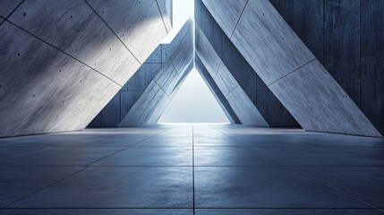 A minimalist concrete interior with triangular patterns and bright light seeping through, creating an intriguing atmosphere.