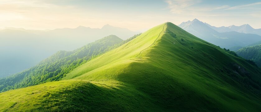  A towering green mountain, its side adorned with a dramatically steep incline, under the bright midday sun