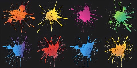 Authentic chaotic splatter assortment with paint and ink. Creative dark texture splatter bundle in various colors.
