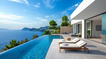 Fototapeta premium Traditional mediterranean white house with pool on hill with stunning sea view. Summer vacation background
