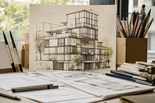 Architectural sketch showcasing a modern building design with greenery, pencils, and blueprints on a creative workspace.