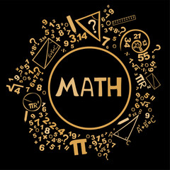 Math. Presentation, website. Isolated lettering typography idea with icons. Algebra, geometry, statistics, basic maths. Interesting creative funny math for kids. Online test. Personalised learning.