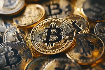 Bitcoin-M&uuml;nzen &ndash; Kryptow&auml;hrung in realistischer Darstellung