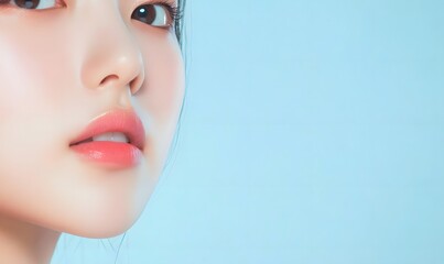 Fototapeta premium Korean beauty model with clear skin, close-up of face, Generative AI