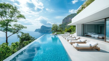Fototapeta premium Traditional mediterranean white house with pool on hill with stunning sea view. Summer vacation background
