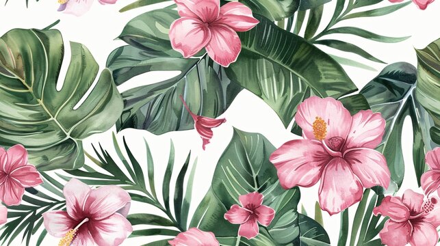 Continuous motif featuring exotic flora, created in watercolor.