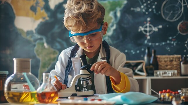 Young scientist using a microscope.