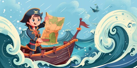 Cartoon Pirate Captain Sailing Through Stormy Seas.