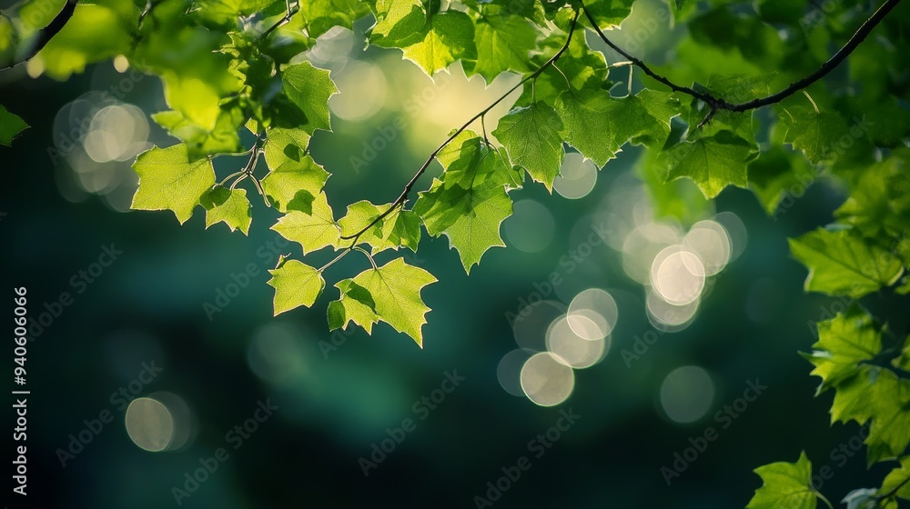 Poster fresh green leaves on a tree swaying in the wind, elegant natural background generative ai