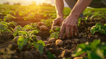 Fototapeta premium Sunset light on hands working in potato field.