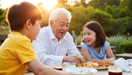 Cheerful Japanese Grandfather Sharing a Meal with His Loving Grandchildren