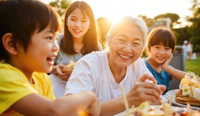 Happy Japanese Grandmother Celebrating Family Bonding at a Vibrant Outdoor Event