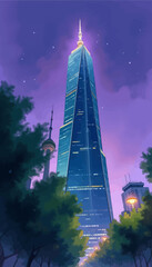 Tall Skyscraper at Dusk with Purple Sky and City Lights